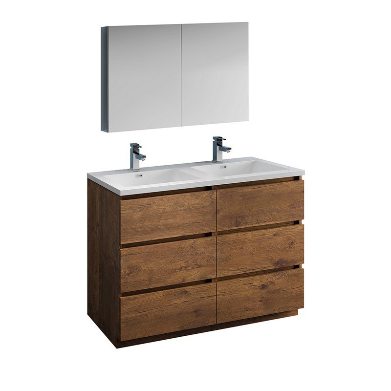 FRESCA FVN93-2424RW-D LAZZARO 48 INCH ROSEWOOD FREE STANDING DOUBLE SINK MODERN BATHROOM VANITY WITH MEDICINE CABINET