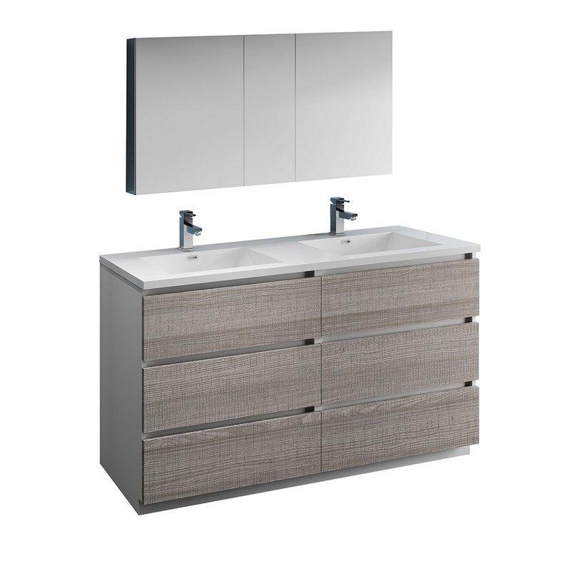 FRESCA FVN93-3030HA-D LAZZARO 60 INCH GLOSSY ASH GRAY FREE STANDING DOUBLE SINK MODERN BATHROOM VANITY WITH MEDICINE CABINET