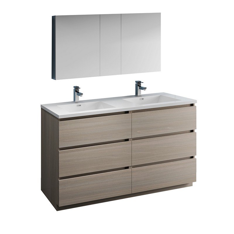 FRESCA FVN93-3030MGO-D LAZZARO 60 INCH GRAY WOOD FREE STANDING DOUBLE SINK MODERN BATHROOM VANITY WITH MEDICINE CABINET