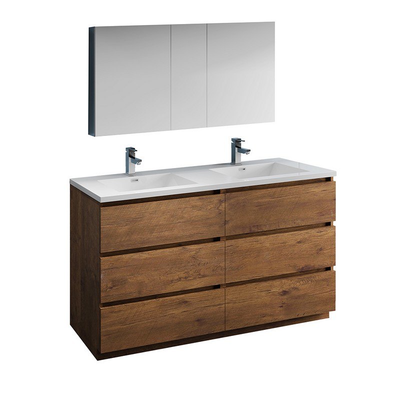 FRESCA FVN93-3030RW-D LAZZARO 60 INCH ROSEWOOD FREE STANDING DOUBLE SINK MODERN BATHROOM VANITY WITH MEDICINE CABINET