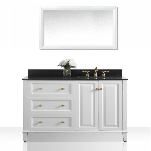 ANCERRE DESIGNS VTSM-HANNAH-48-R-W-B-GD HANNAH 48 INCH OFF CENTERED RIGHT BASIN VANITY IN WHITE WITH BLACK QUARTZ VANITY TOP AND GOLD HARDWARE