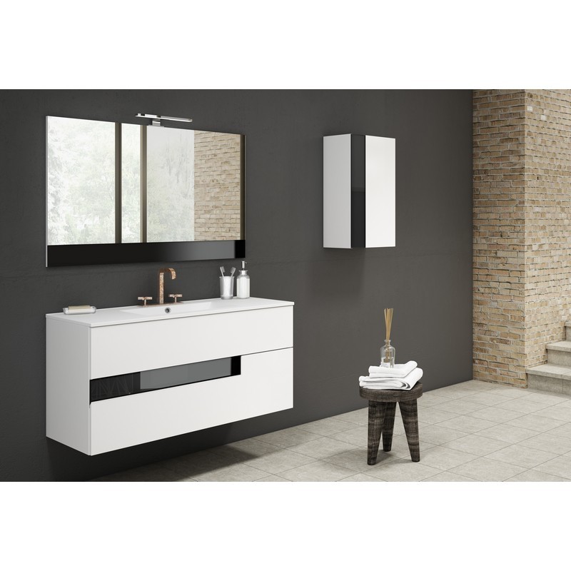 LUCENA BATH 3076-01/BLACK VISION 40 INCH 2 DRAWER VANITY WITH CERAMIC SINK IN WHITE WITH BLACK GLASS HANDLE