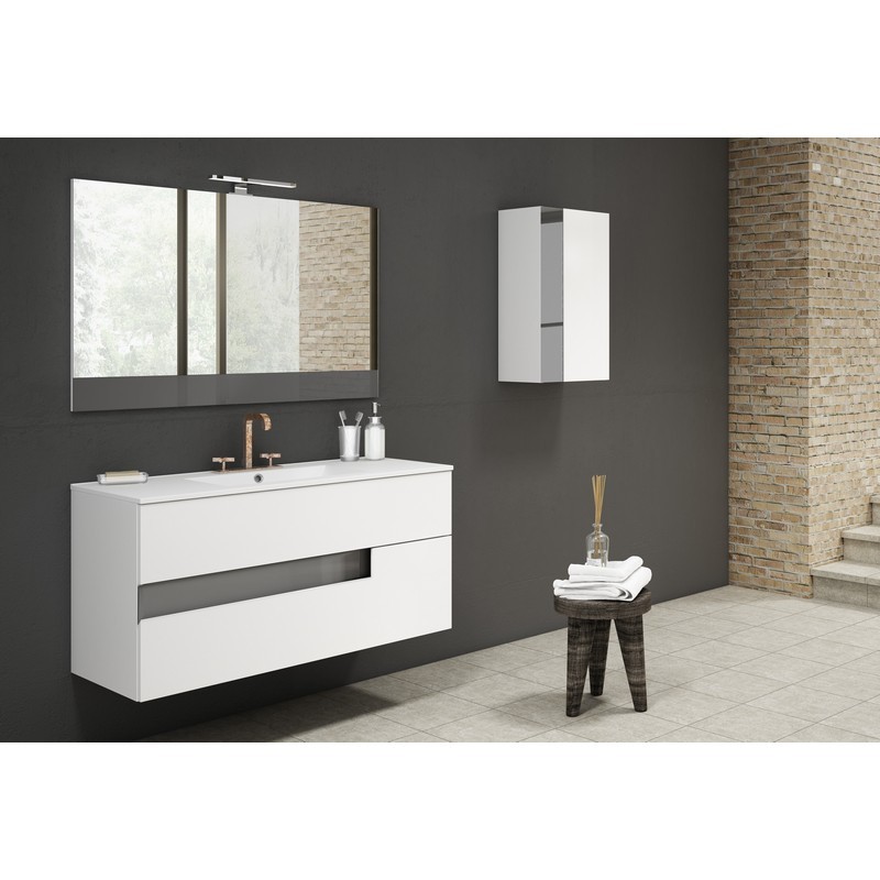 LUCENA BATH 3076-01/GREY VISION 40 INCH 2 DRAWER VANITY WITH CERAMIC SINK IN WHITE WITH GREY GLASS HANDLE