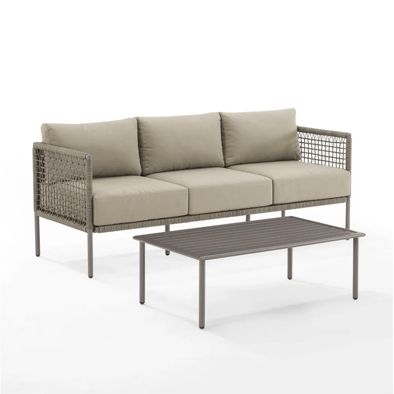 CROSLEY KO70271LB-TE CALI BAY 2 PC OUTDOOR WICKER AND METAL SOFA SET TAUPE IN LIGHT BROWN WITH SOFA AND COFFEE TABLE