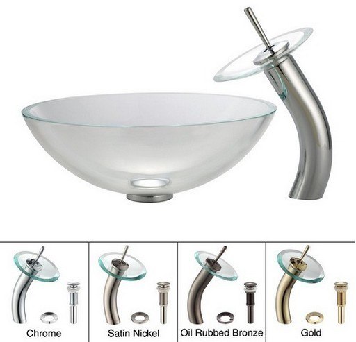 KRAUS C-GV-100-12MM-10 CRYSTAL 16.5 INCH CLEAR GLASS VESSEL SINK AND WATERFALL FAUCET