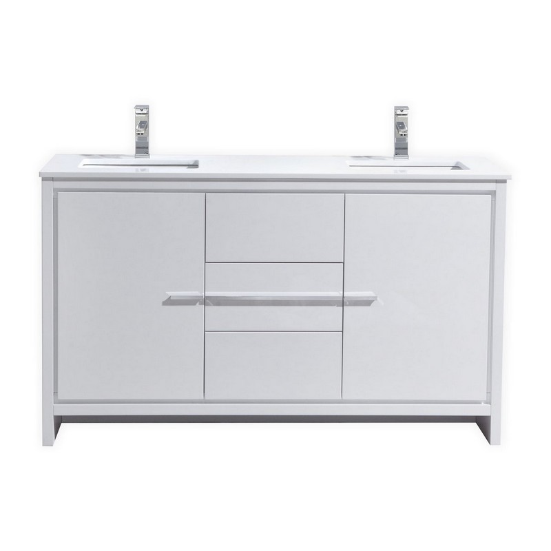 KUBEBATH AD660DGW DOLCE 60 INCH DOUBLE SINK HIGH GLOSS WHITE MODERN BATHROOM VANITY WITH WHITE QUARTZ COUNTER-TOP