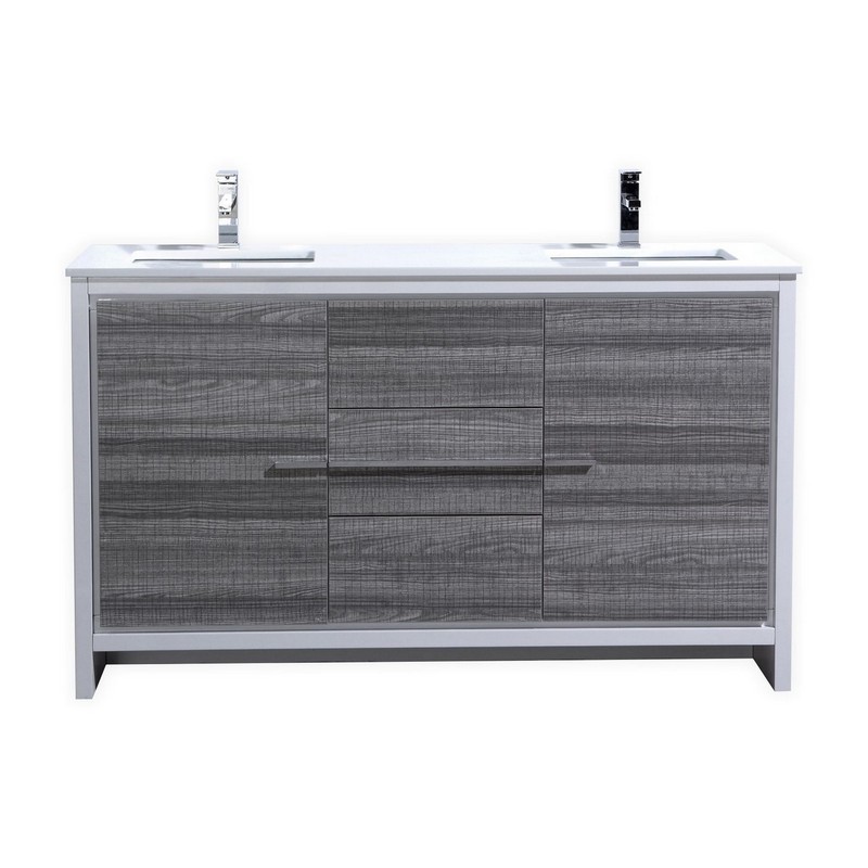 KUBEBATH AD660DHG DOLCE 60 INCH DOUBLE SINK ASH GRAY MODERN BATHROOM VANITY WITH WHITE QUARTZ COUNTER-TOP