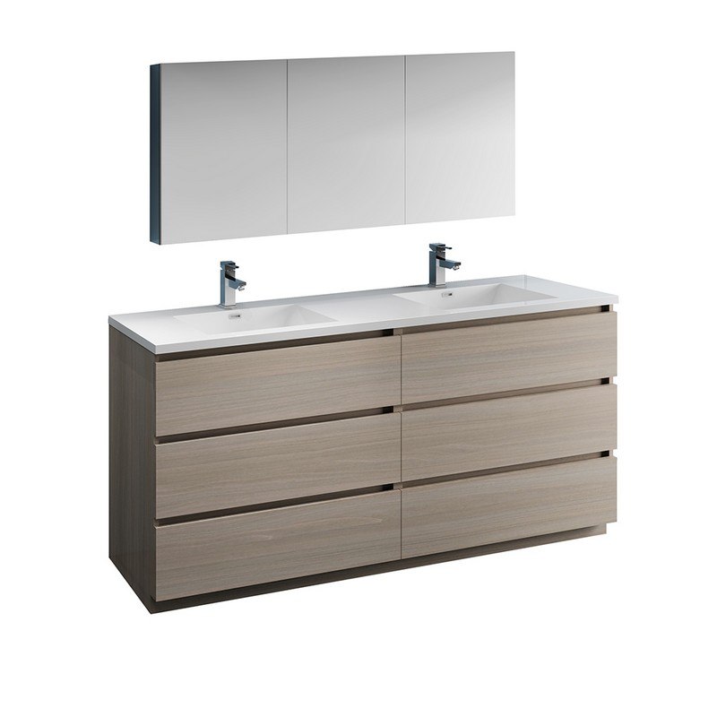 FRESCA FVN93-3636MGO-D LAZZARO 72 INCH GRAY WOOD FREE STANDING DOUBLE SINK MODERN BATHROOM VANITY WITH MEDICINE CABINET