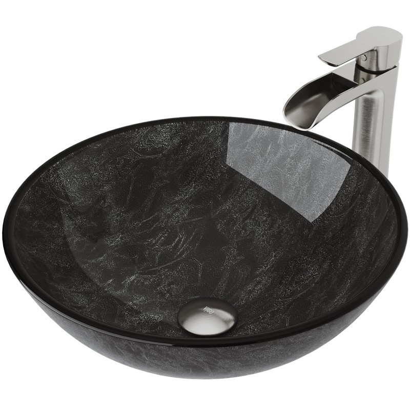 VIGO VGT1058 GRAY ONYX GLASS VESSEL BATHROOM SINK AND NIKO FAUCET SET IN BRUSHED NICKEL FINISH