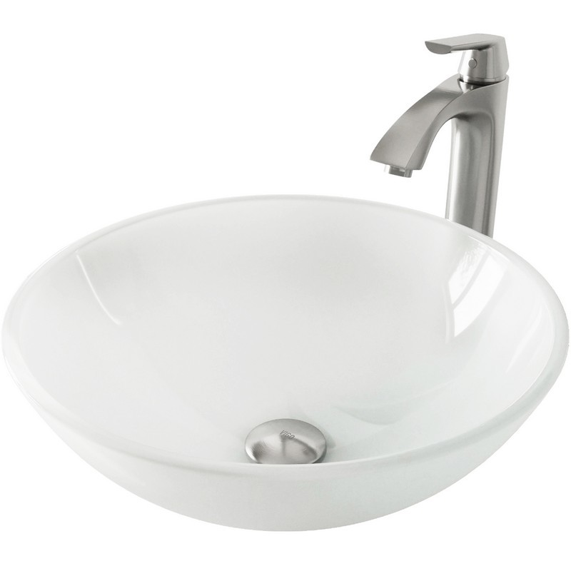VIGO VGT1091 WHITE FROST GLASS VESSEL BATHROOM SINK AND LINUS FAUCET SET IN BRUSHED NICKEL FINISH