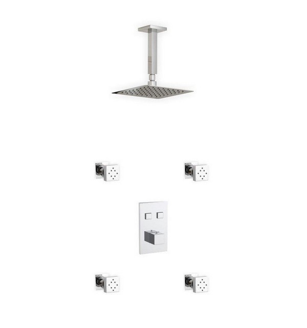 KUBEBATH KSC84JT2 PIAZZA THERMOSTATIC SHOWER SET WITH 8 INCH CEILING MOUNT SQUARE RAIN SHOWER AND 4 BODY JETS