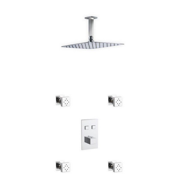KUBEBATH KSC124JT2 PIAZZA THERMOSTATIC BRASS SHOWER SET WITH 12 INCH CEILING MOUNT SQUARE RAIN SHOWER AND 4 BODY JETS