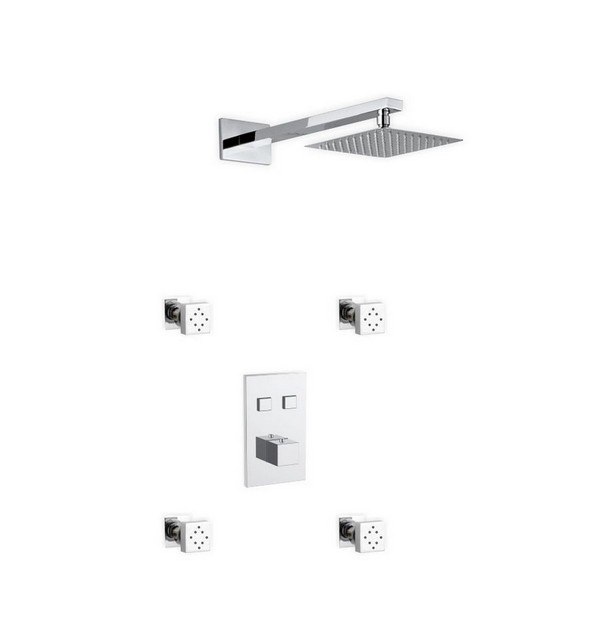 KUBEBATH KSW84JT2 PIAZZA THERMOSTATIC BRASS SHOWER SET WITH 8 INCH SQUARE RAIN SHOWER AND 4 BODY JETS