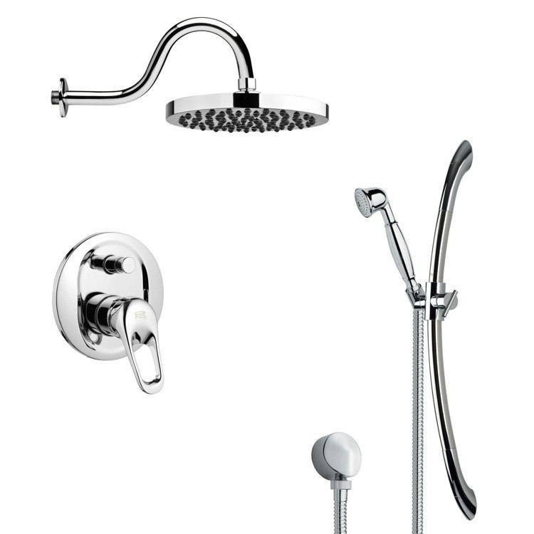 REMER SFR7058 RENDINO ROUND POLISHED CHROME RAIN SHOWER FAUCET WITH HANDHELD SHOWER