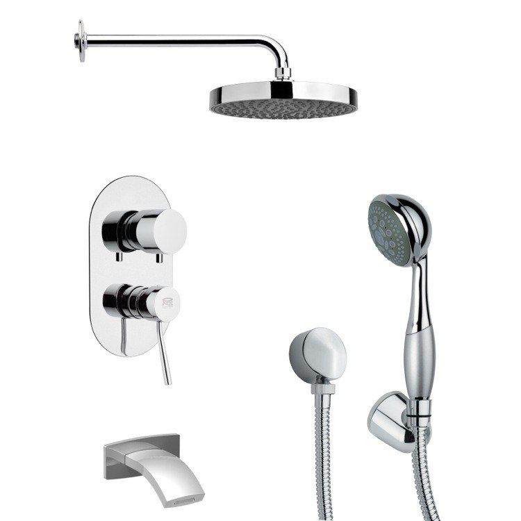 REMER TSH4147 TYGA POLISHED CHROME ROUND TUB AND SHOWER FAUCET SET WITH HAND SHOWER