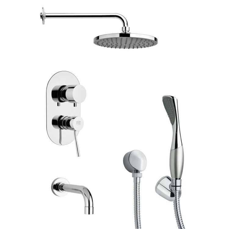 REMER TSH4149 TYGA POLISHED CHROME ROUND TUB AND SHOWER FAUCET SET WITH HANDHELD SHOWER