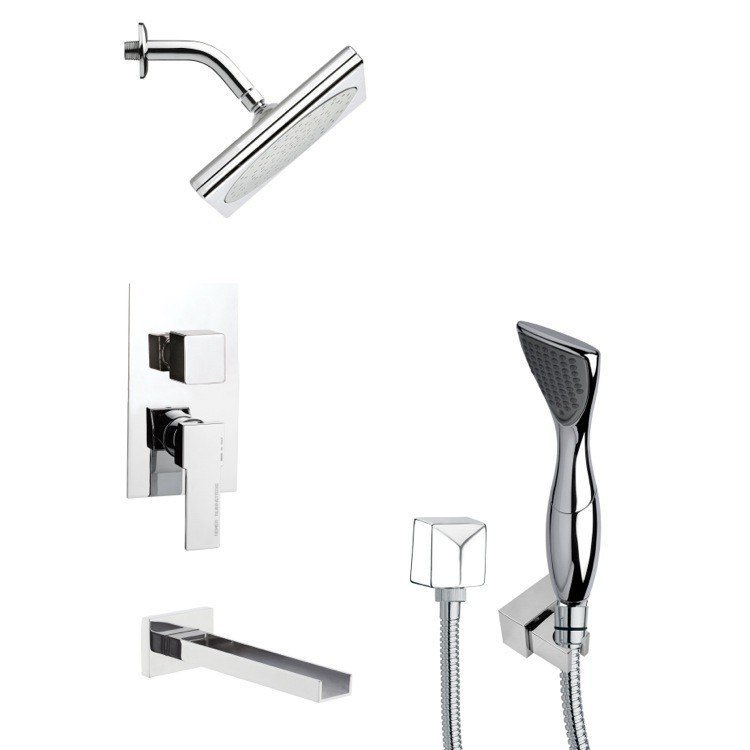 REMER TSH4196 TYGA SQUARE MODERN TUB AND SHOWER FAUCET SET WITH HAND SHOWER IN CHROME