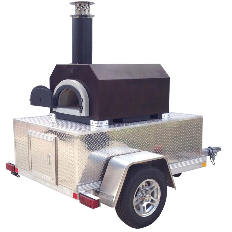 CHICAGO BRICK OVEN CBO-O-TAIL 68 INCH TAILGATER PIZZA OVEN WITH METAL INSULATING HOOD ON CUSTOM-BUILT ALUMINUM TWO-AXLE TRAILER