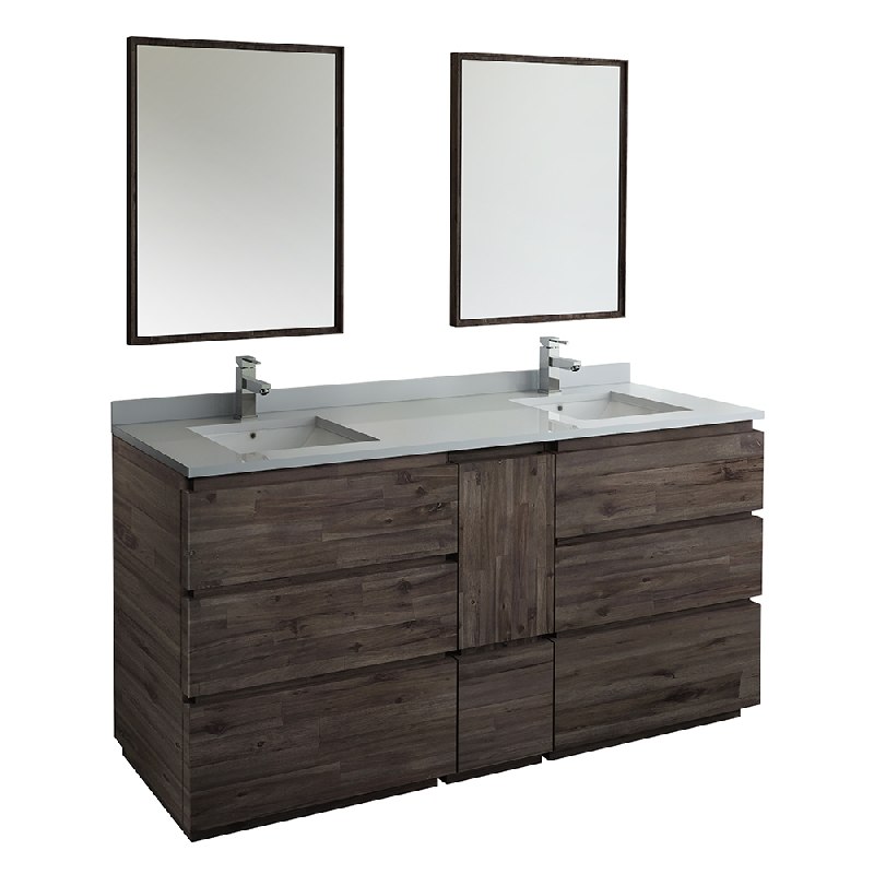 FRESCA FVN31-301230ACA-FC FORMOSA 72 INCH FLOOR STANDING DOUBLE SINK MODERN BATHROOM VANITY WITH MIRRORS IN ACACIA WOOD FINISH