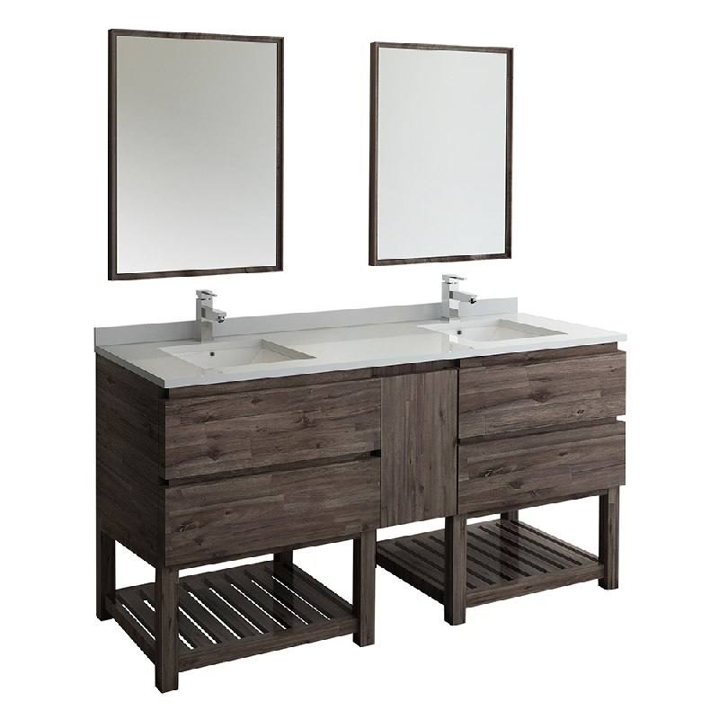FRESCA FVN31-301230ACA-FS FORMOSA 72 INCH FLOOR STANDING DOUBLE SINK MODERN BATHROOM VANITY WITH OPEN BOTTOM AND MIRRORS IN ACACIA WOOD FINISH