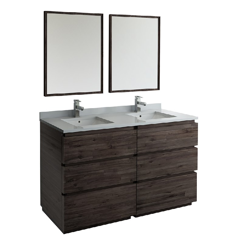 FRESCA FVN31-3030ACA-FC FORMOSA 60 INCH FLOOR STANDING DOUBLE SINK MODERN BATHROOM VANITY WITH MIRRORS IN ACACIA WOOD FINISH