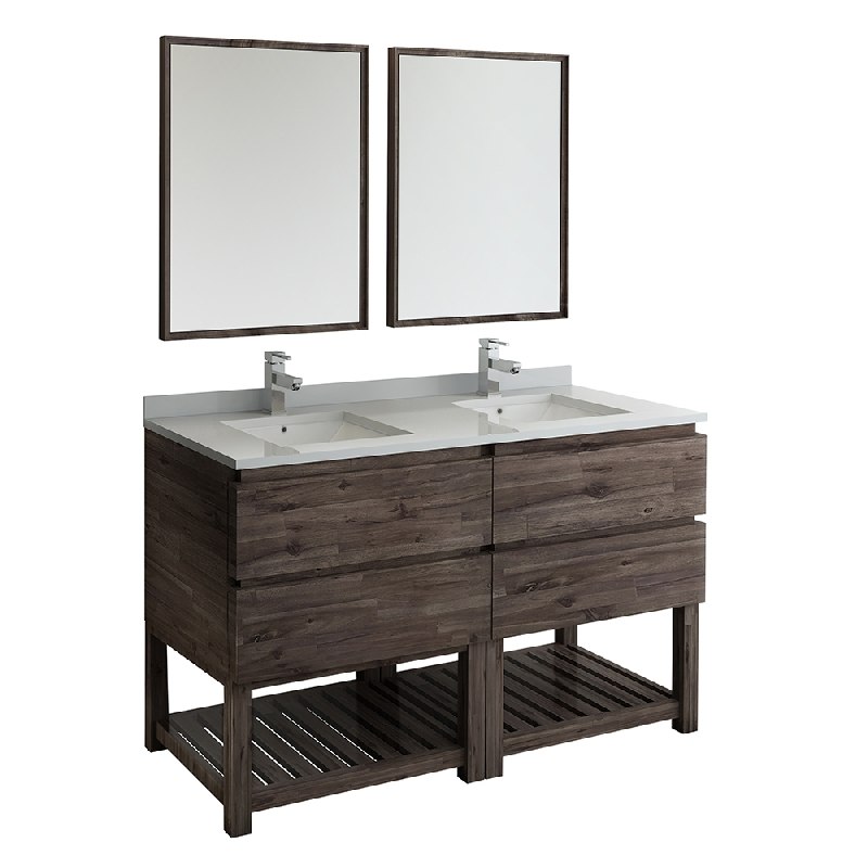 FRESCA FVN31-3030ACA-FS FORMOSA 60 INCH FLOOR STANDING DOUBLE SINK MODERN BATHROOM VANITY WITH OPEN BOTTOM AND MIRRORS IN ACACIA WOOD FINISH