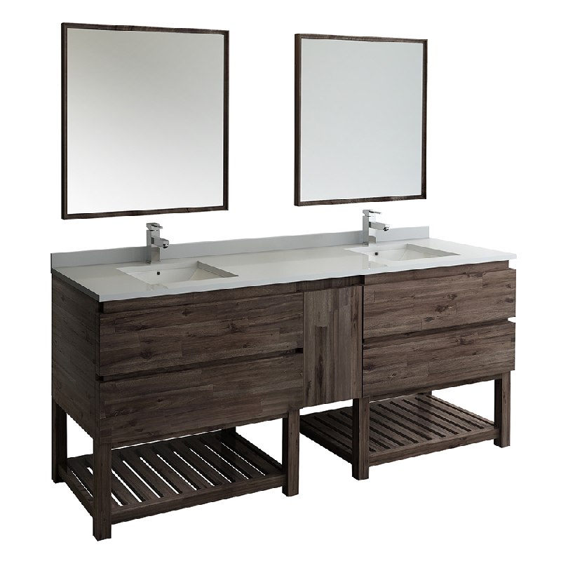 FRESCA FVN31-361236ACA-FS FORMOSA 84 INCH FLOOR STANDING DOUBLE SINK MODERN BATHROOM VANITY WITH OPEN BOTTOM AND MIRRORS IN ACACIA WOOD FINISH