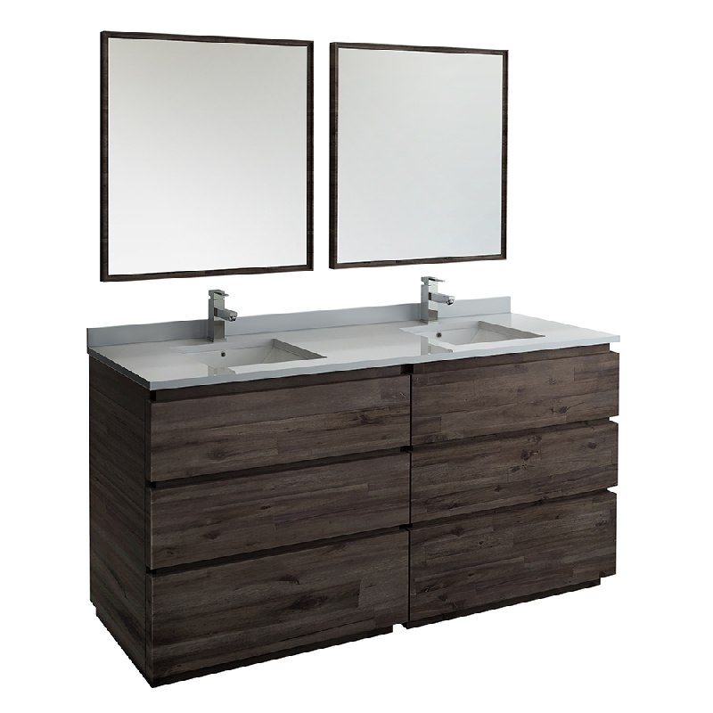 FRESCA FVN31-3636ACA-FC FORMOSA 72 INCH FLOOR STANDING DOUBLE SINK MODERN BATHROOM VANITY WITH MIRRORS IN ACACIA WOOD FINISH