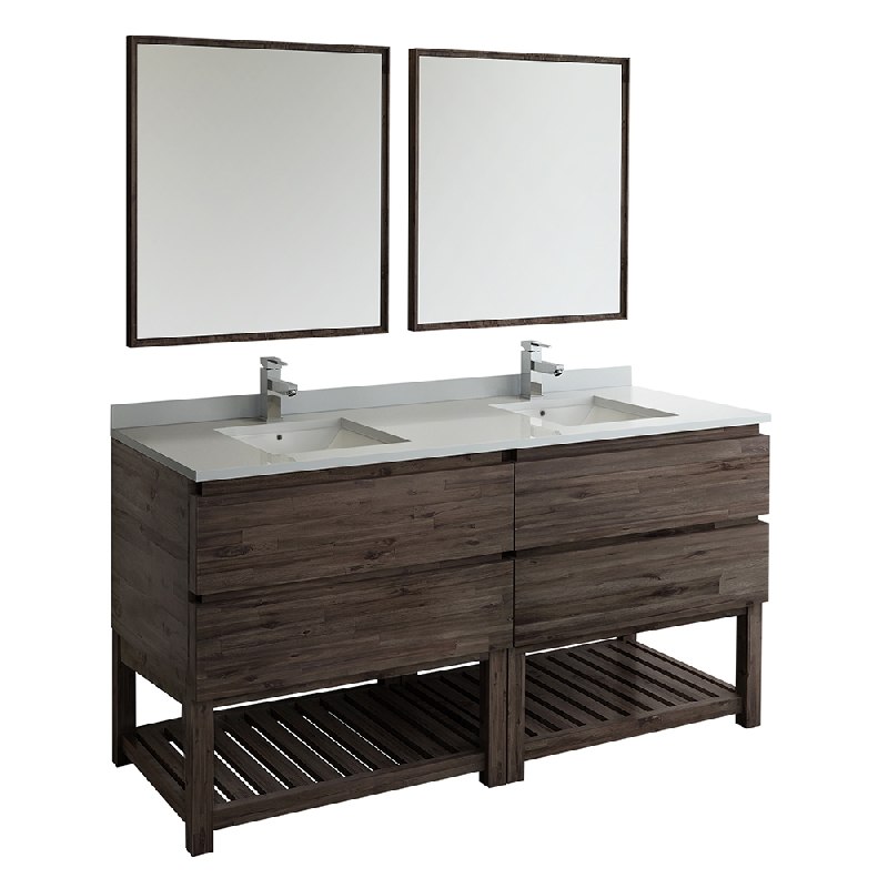 FRESCA FVN31-3636ACA-FS FORMOSA 72 INCH FLOOR STANDING DOUBLE SINK MODERN BATHROOM VANITY WITH OPEN BOTTOM AND MIRRORS IN ACACIA WOOD FINISH