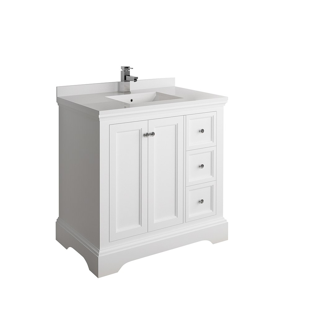 FRESCA FCB2436WHM-CWH-U WINDSOR 36 INCH MATTE WHITE TRADITIONAL BATHROOM CABINET WITH TOP AND SINK
