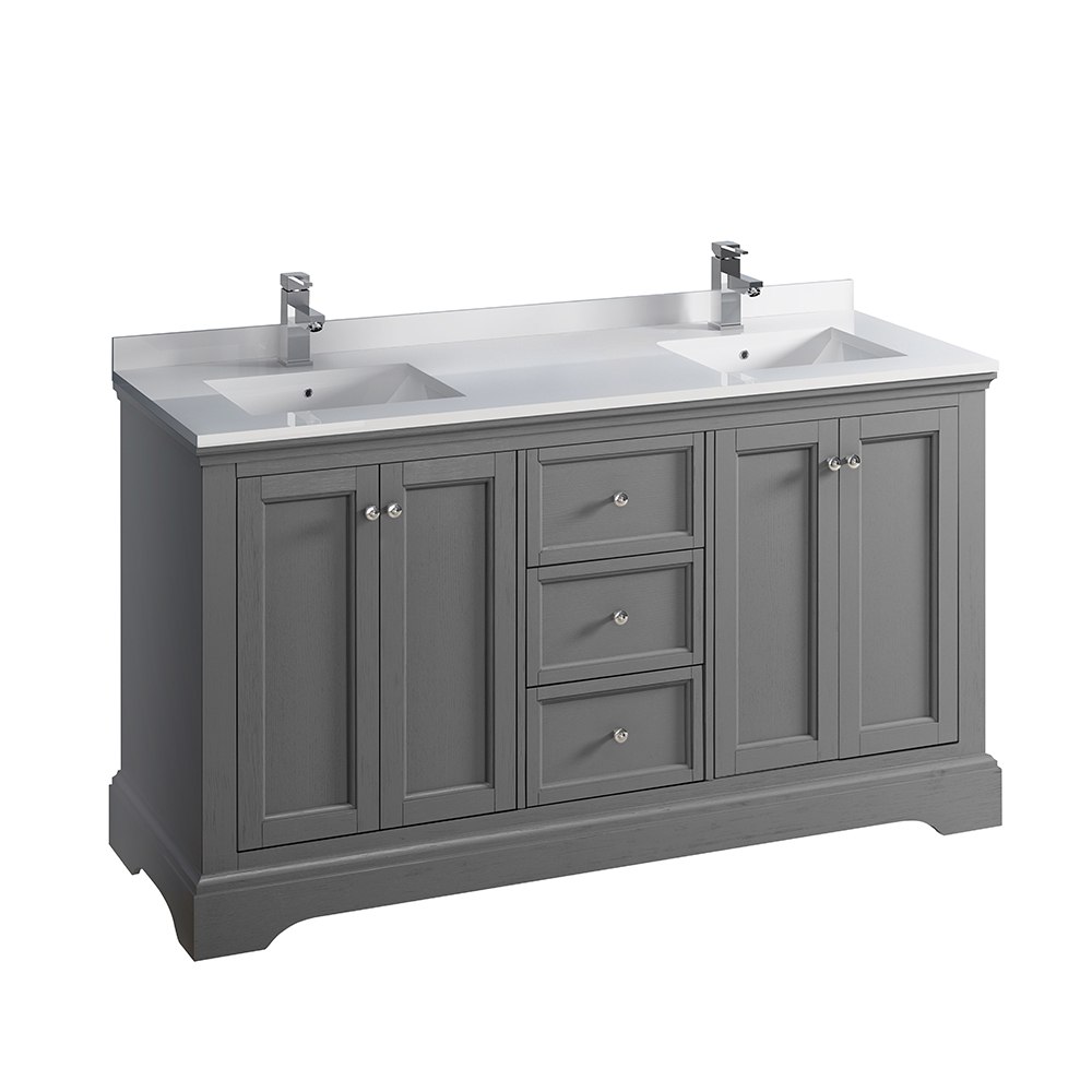 FRESCA FCB2460GRV-CWH-U WINDSOR 60 INCH GRAY TEXTURED TRADITIONAL DOUBLE SINK BATHROOM CABINET WITH TOP AND SINKS