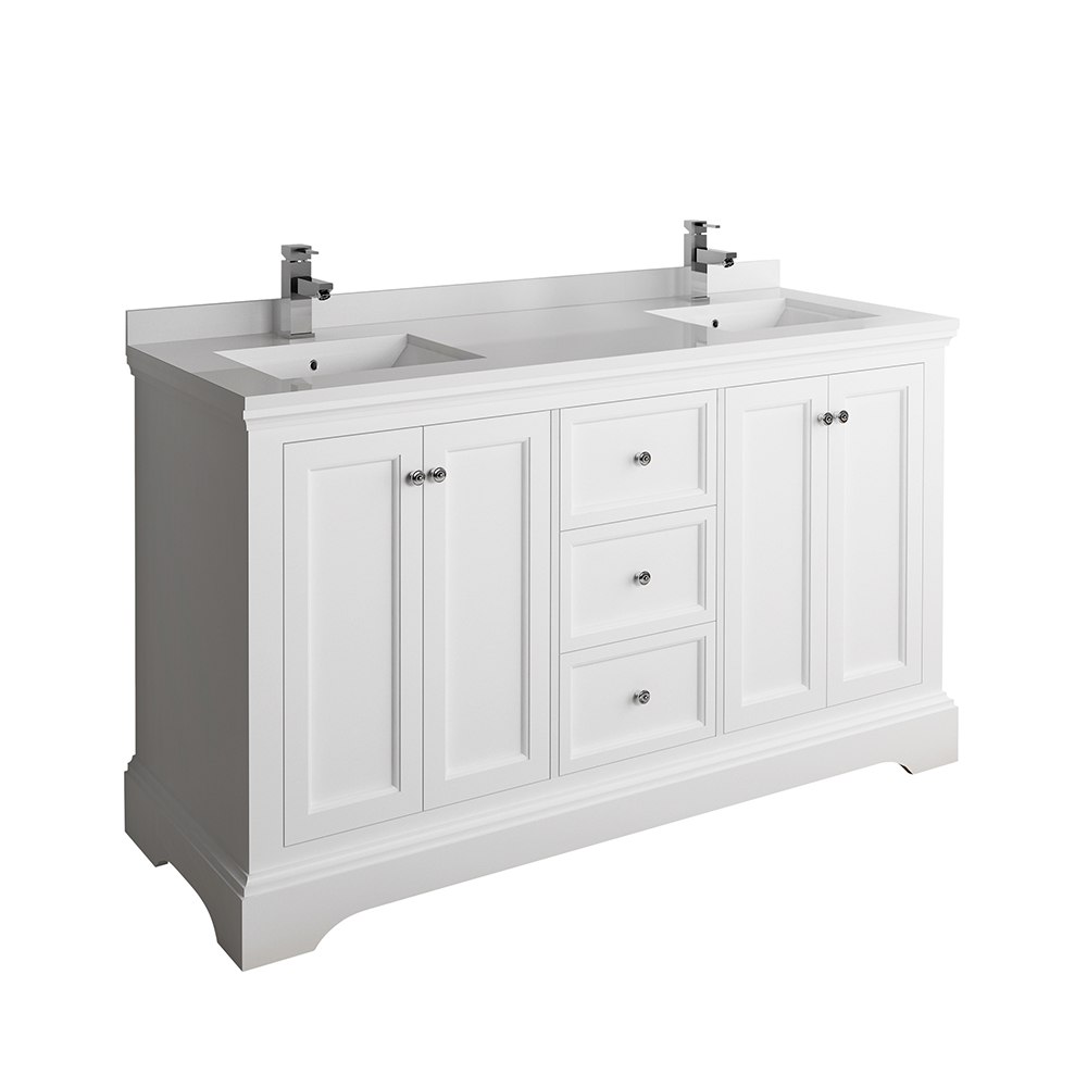 FRESCA FCB2460WHM-CWH-U WINDSOR 60 INCH MATTE WHITE TRADITIONAL DOUBLE SINK BATHROOM CABINET WITH TOP AND SINKS