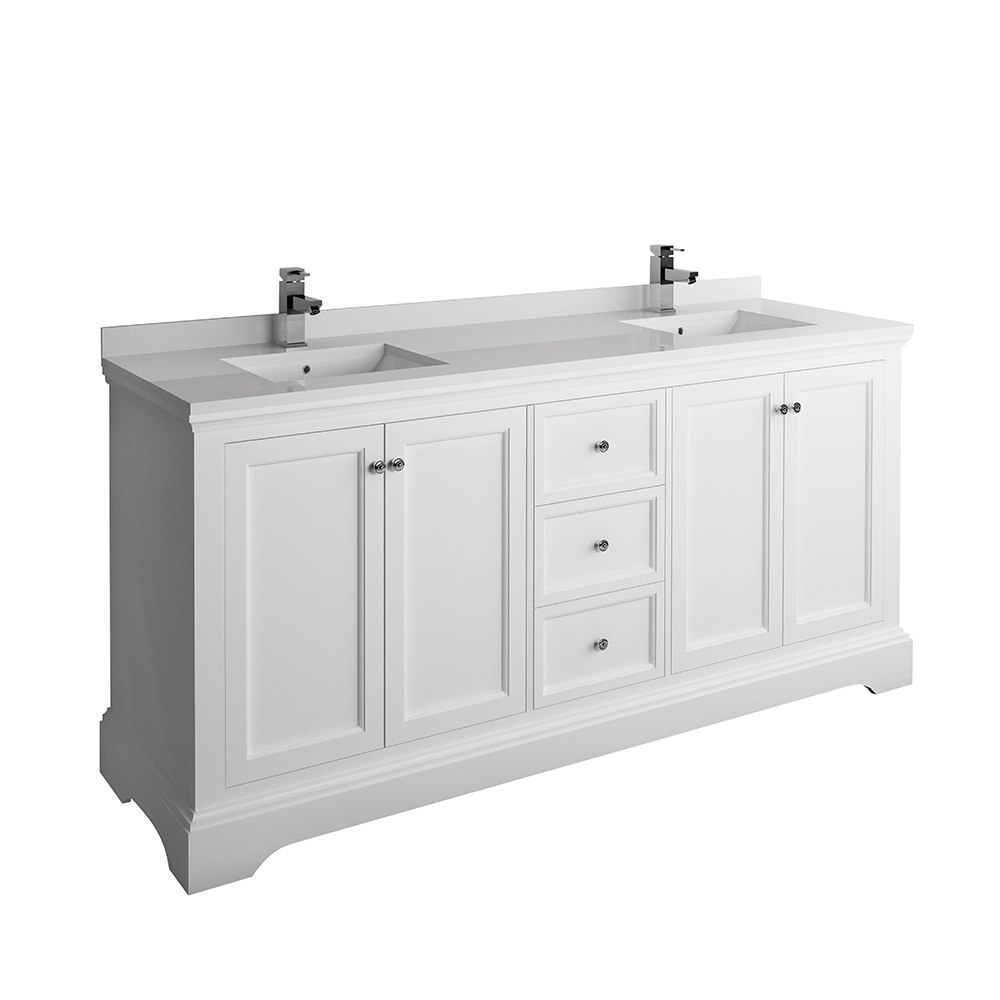 FRESCA FCB2472WHM-CWH-U WINDSOR 72 INCH MATTE WHITE TRADITIONAL DOUBLE SINK BATHROOM CABINET WITH TOP AND SINKS