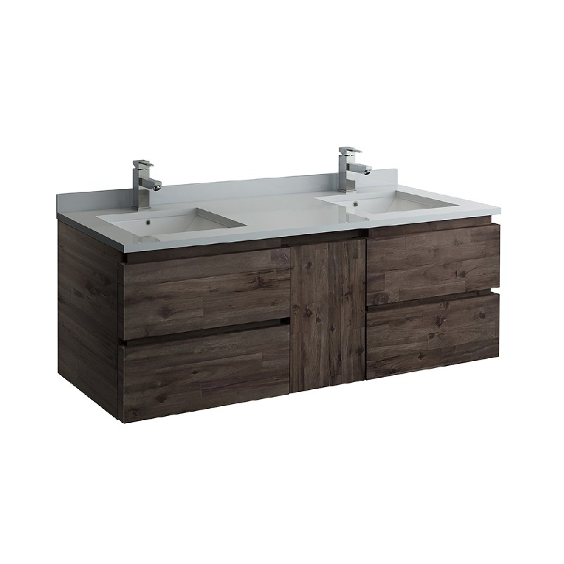 FRESCA FCB31-241224ACA-CWH-U FORMOSA 60 INCH WALL HUNG DOUBLE SINK MODERN BATHROOM CABINET WITH TOP AND SINKS IN ACACIA WOOD FINISH