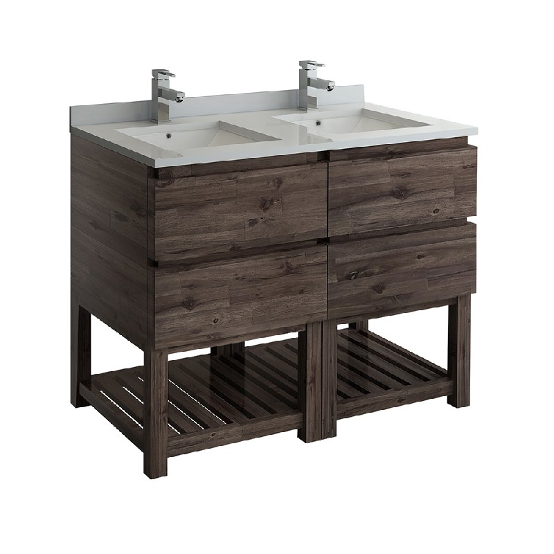 FRESCA FCB31-2424ACA-FS-CWH-U FORMOSA 48 INCH FLOOR STANDING OPEN BOTTOM DOUBLE SINK MODERN BATHROOM CABINET WITH TOP AND SINKS IN ACACIA WOOD FINISH