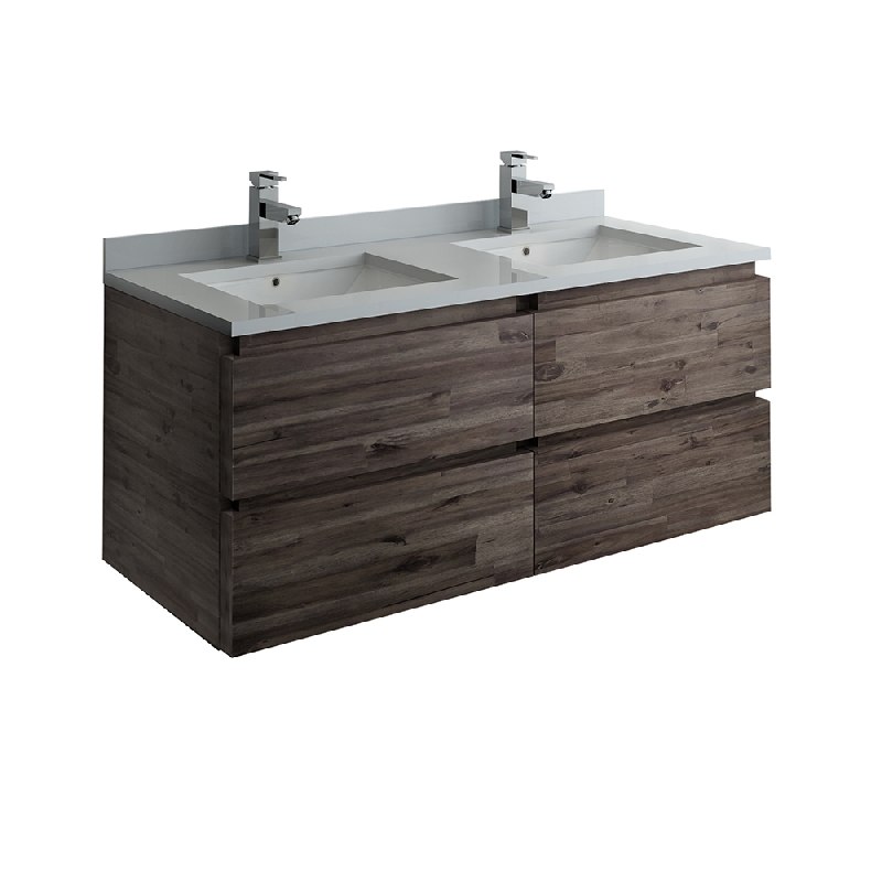 FRESCA FCB31-2424ACA-CWH-U FORMOSA 48 INCH WALL HUNG DOUBLE SINK MODERN BATHROOM CABINET WITH TOP AND SINKS IN ACACIA WOOD FINISH
