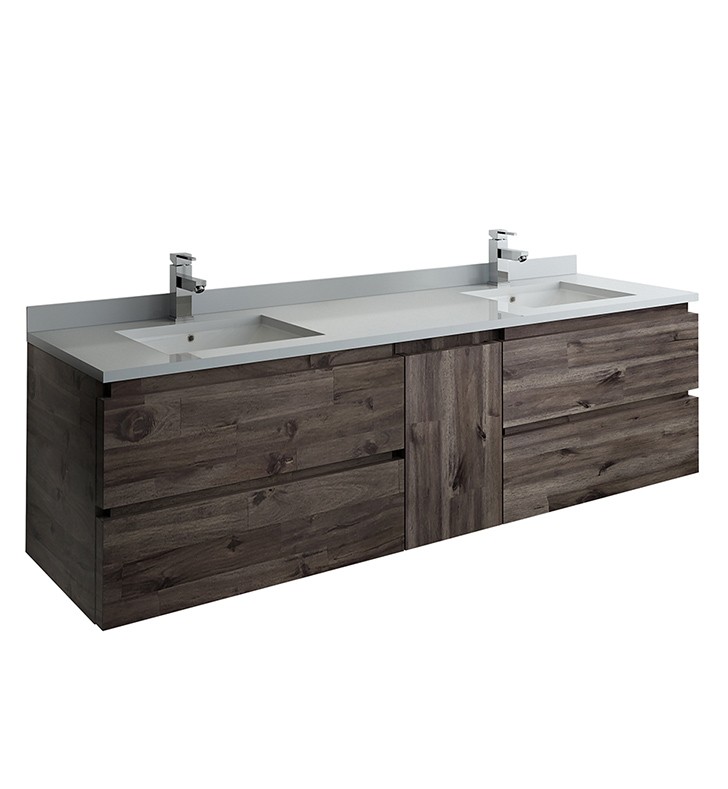 FRESCA FCB31-301230ACA-CWH-U FORMOSA 72 INCH WALL HUNG DOUBLE SINK MODERN BATHROOM CABINET WITH TOP AND SINKS IN ACACIA WOOD FINISH