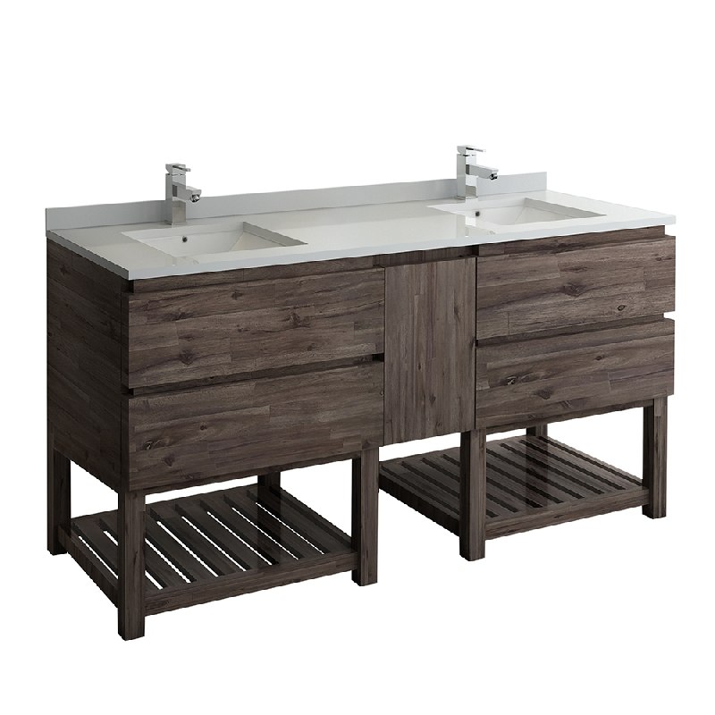 FRESCA FCB31-301230ACA-FS-CWH-U FORMOSA 72 INCH FLOOR STANDING OPEN BOTTOM DOUBLE SINK MODERN BATHROOM CABINET WITH TOP AND SINKS IN ACACIA WOOD FINISH