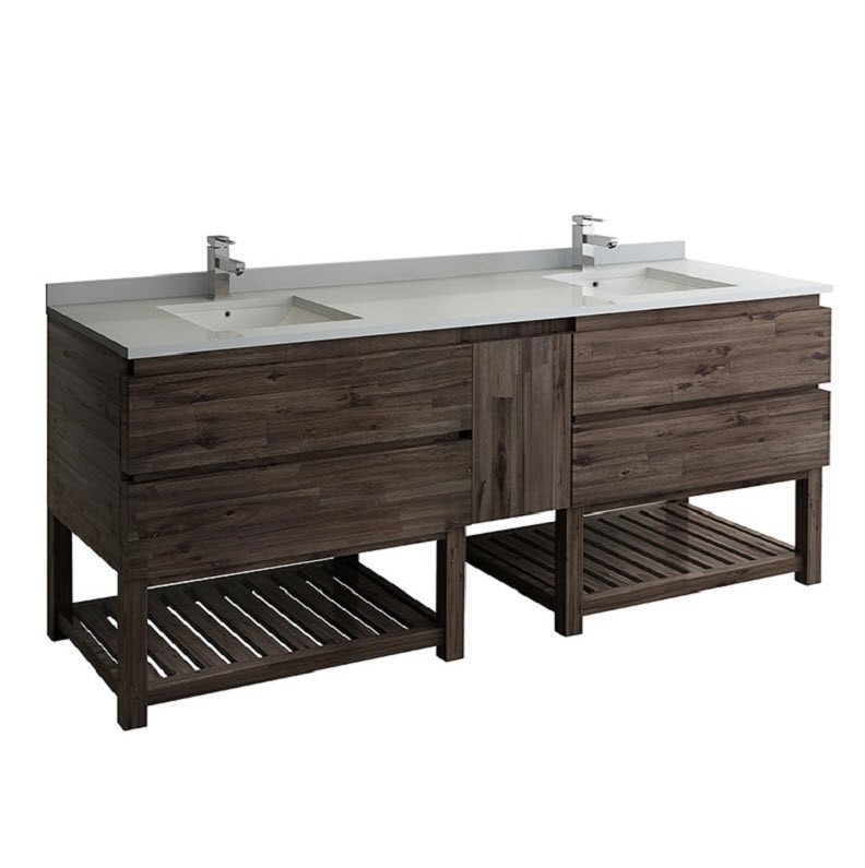 FRESCA FCB31-361236ACA-FS-CWH-U FORMOSA 84 INCH FLOOR STANDING OPEN BOTTOM DOUBLE SINK MODERN BATHROOM CABINET WITH TOP AND SINKS IN ACACIA WOOD FINISH