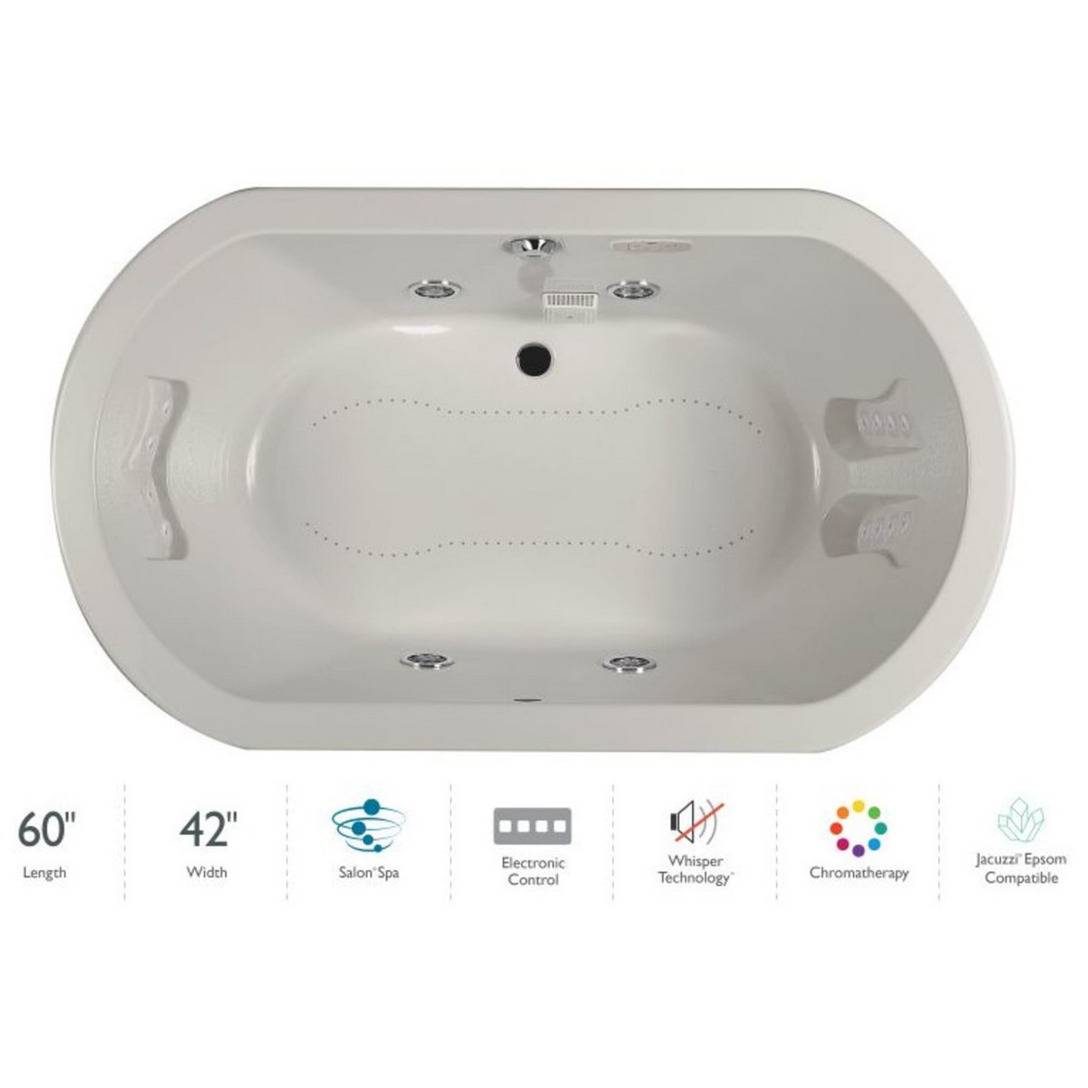 JACUZZI ANZ6042CCR4CWY ANZA 60 X 42 INCH DROP-IN AND UNDERMOUNT LUXURY CONTROLS SALON SPA BATHTUB WITH CENTER DRAIN IN OYSTER