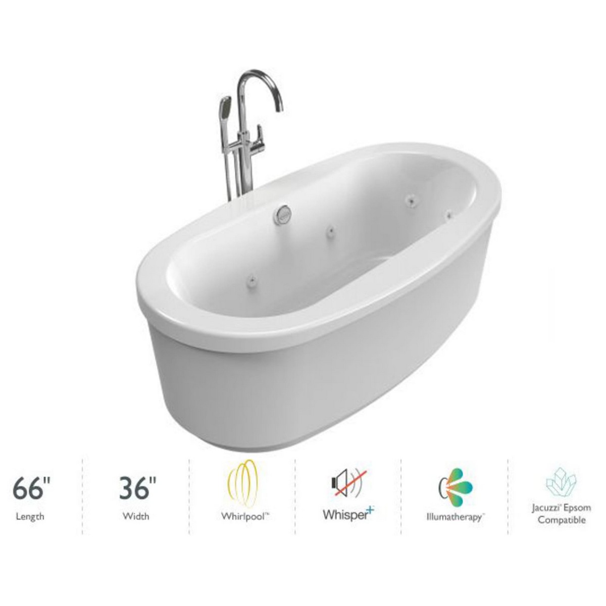 JACUZZI IN6636WCR1XPW INIZIO 65 1/2 X 35 5/8 INCH ACRYLIC FREESTANDING WHIRLPOOL BATHTUB WITH WHISPER TECHNOLOGY AND FREESTANDING TUB FILLER
