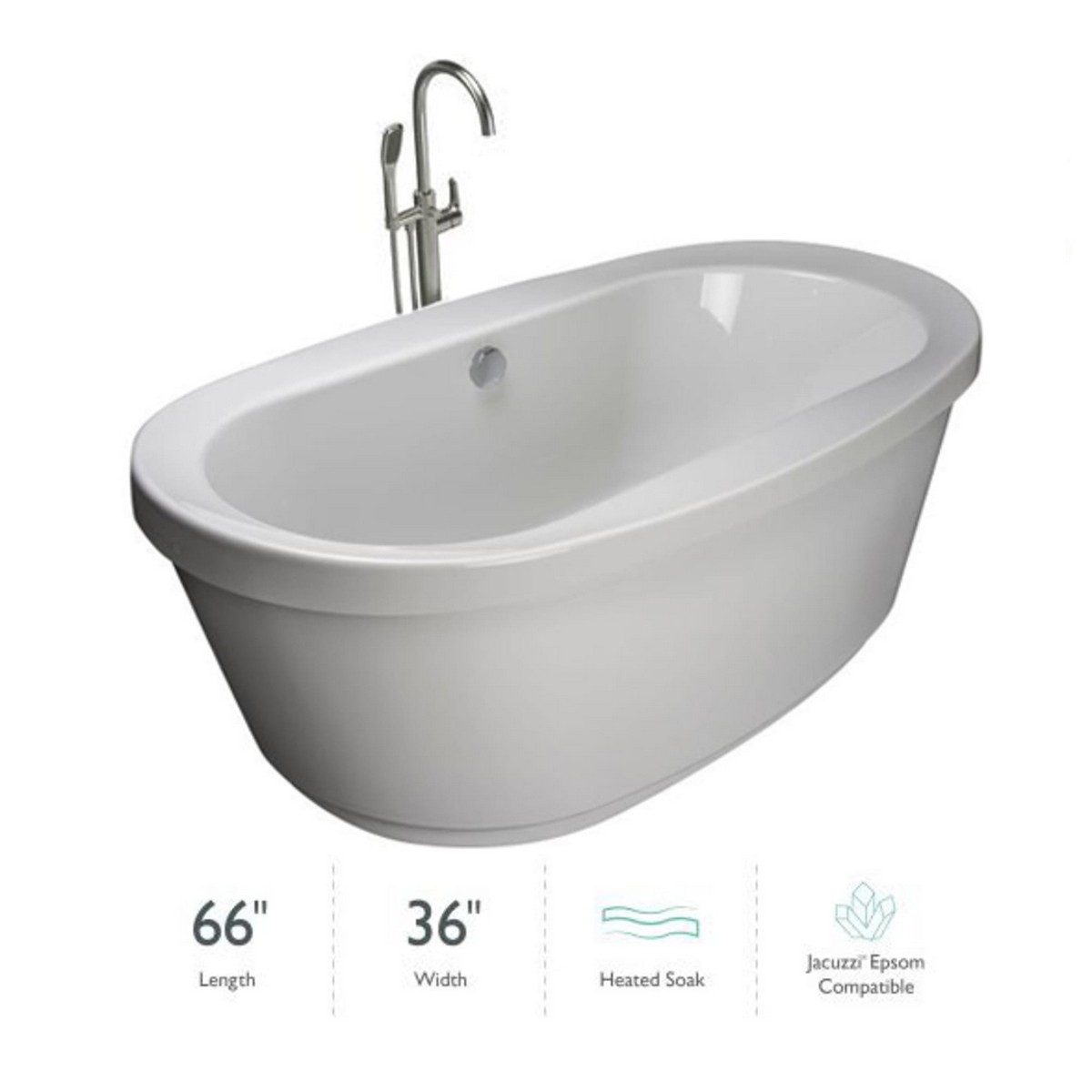 JACUZZI INB6636BCW INIZIO 65 1/2 X 35 5/8 INCH FREESTANDING ACRYLIC SOAKING BATHTUB WITH FLOOR MOUNTED TUB FILLER WITH HAND SHOWER