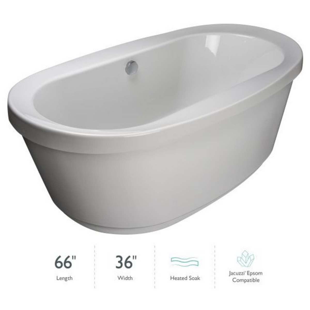 JACUZZI INF6636BCW INIZIO 65 1/2 X 36 INCH FREESTANDING SOAKING BATHTUB WITH CENTER DRAIN IN WHITE