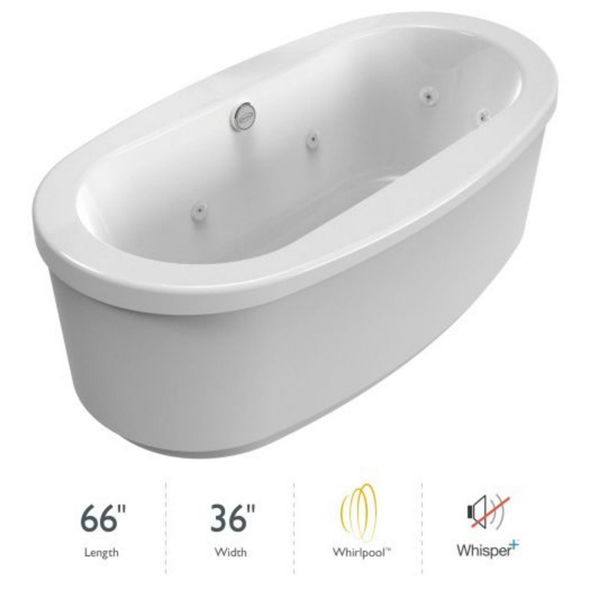 JACUZZI INF6636WCR1XPW INIZIO 65 1/2 X 35 5/8 INCH FREESTANDING ACRYLIC WHIRLPOOL WITH WHISPER TECHNOLOGY IN WHITE