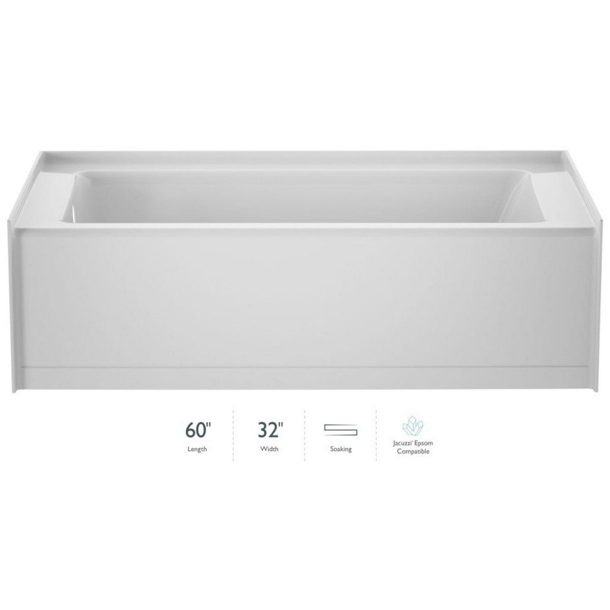 JACUZZI J166032BXXXXW SIGNATURE 60 X 32 INCH THREE WALL ALCOVE ACRYLIC SOAKING BATHTUB WITH OVERFLOW IN WHITE