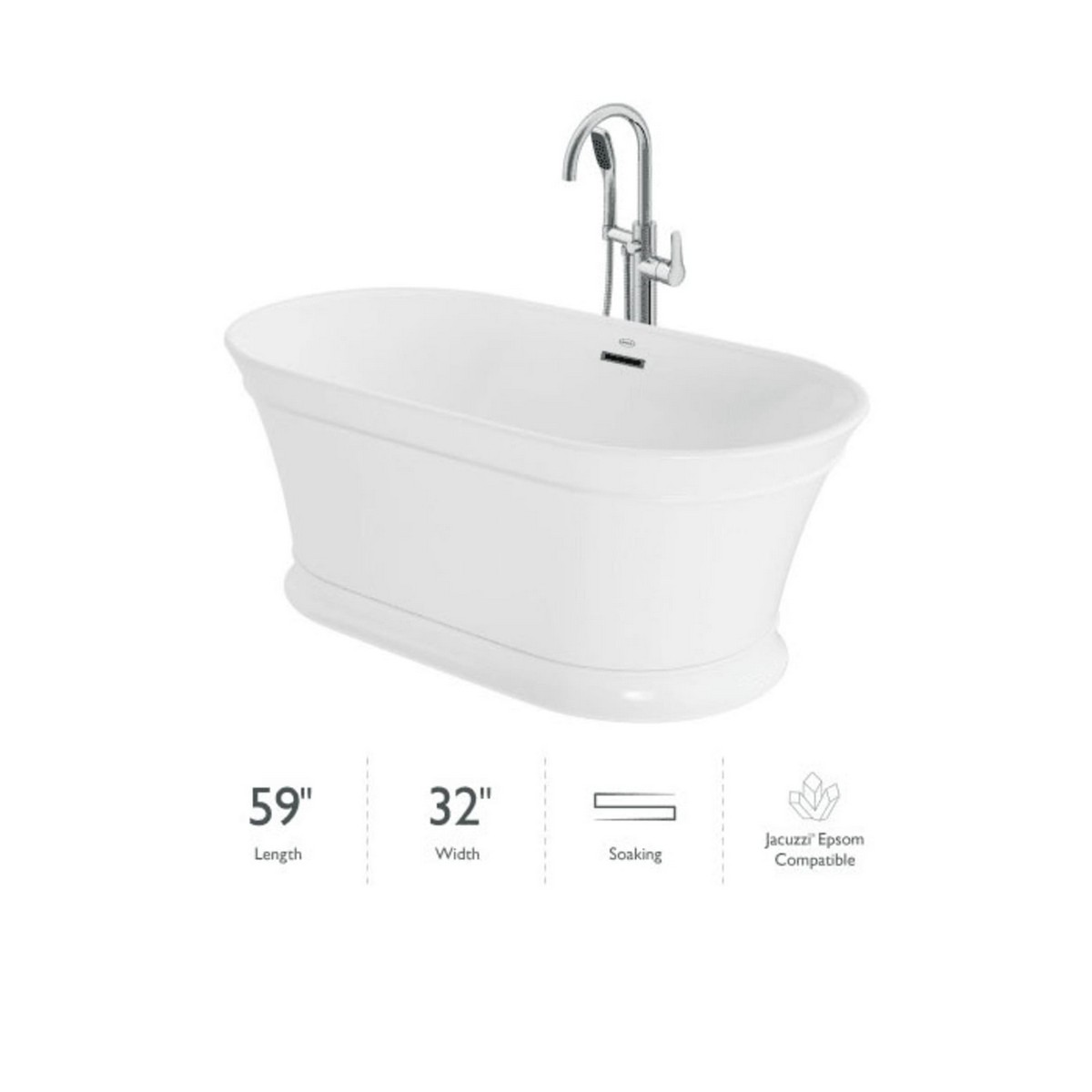 JACUZZI LD5931BCXXXX LYNDSAY 59 X 31 1/2 INCH FREESTANDING ACRYLIC SOAKING BATHTUB WITH TUB FILLER FAUCET, CENTER DRAIN AND OVERFLOW