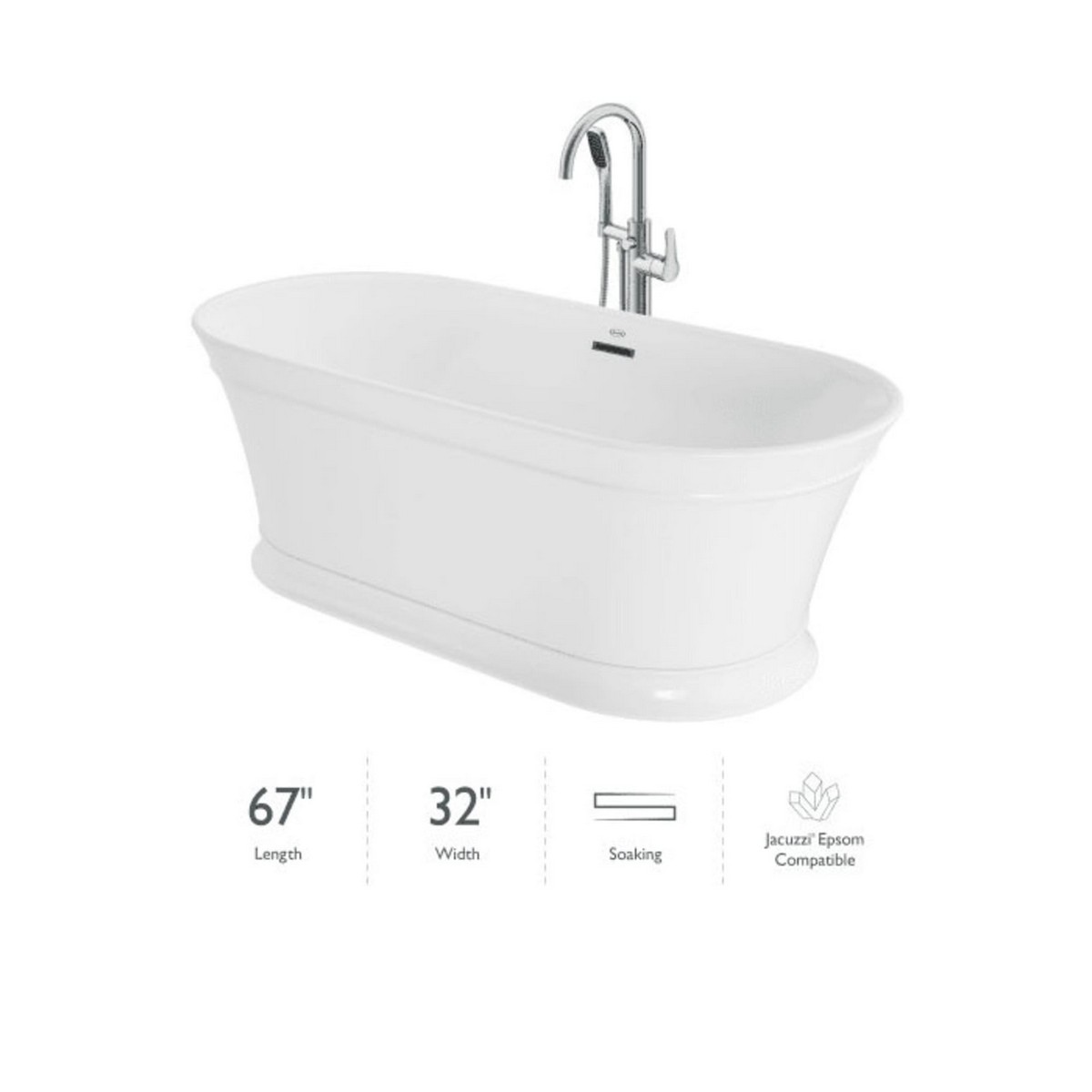 JACUZZI LD6731BCXXXX LYNDSAY 67 X 31 1/2 INCH FREESTANDING ACRYLIC SOAKING BATHTUB WITH TUB FILLER FAUCET, CENTER DRAIN AND OVERFLOW