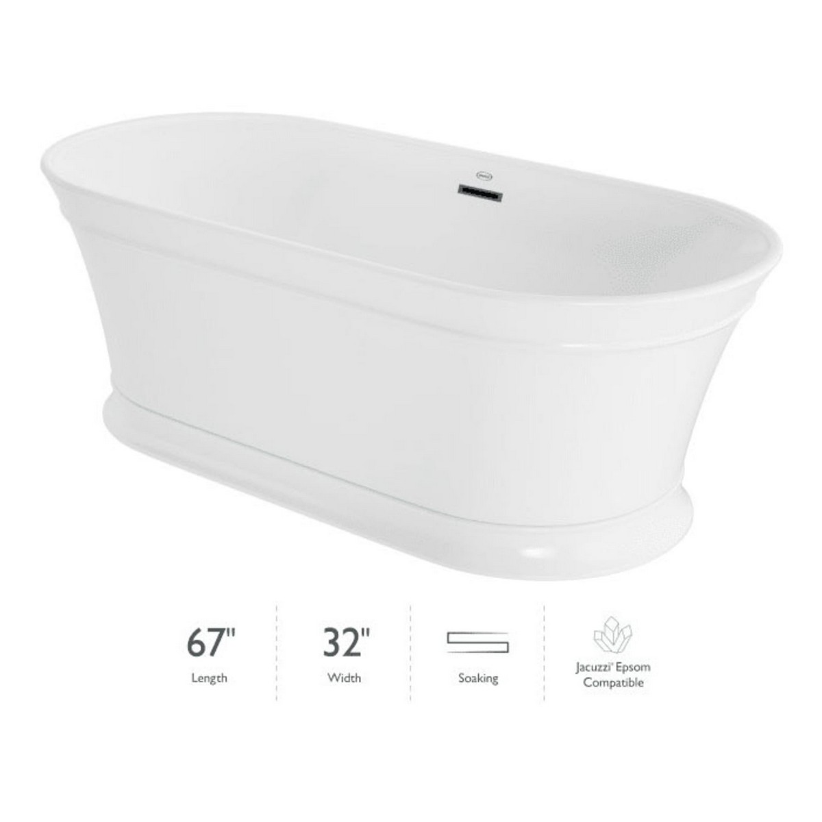 JACUZZI LDF6731BCXXXX LYNDSAY 67 X 31 1/2 INCH FREESTANDING ACRYLIC SOAKING BATHTUB WITH CENTER DRAIN AND OVERFLOW IN WHITE