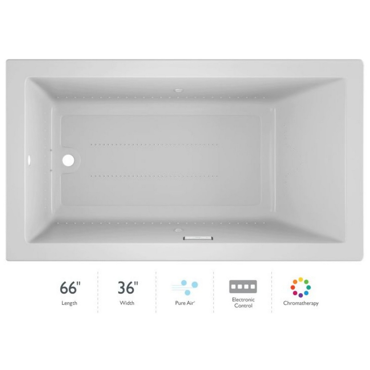JACUZZI SOL6636A SOLNA 66 X 36 INCH ACRYLIC DROP-IN OR UNDERMOUNT PURE AIR BATHTUB WITH LUXURY CONTROLS AND CHROMATHERAPY