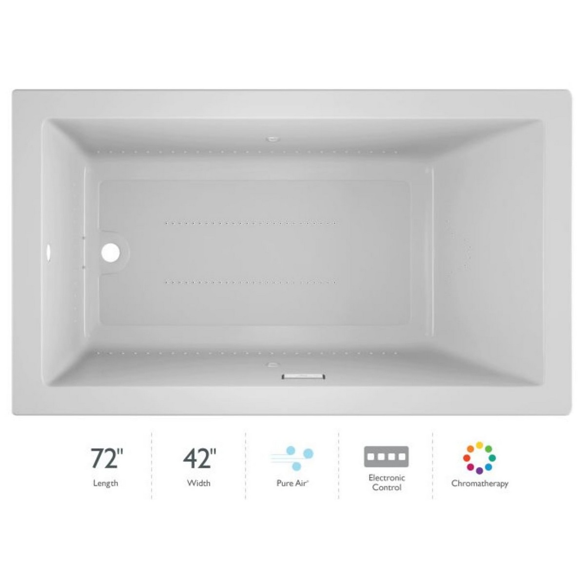 JACUZZI SOL7242A SOLNA 72 X 42 INCH ACRYLIC DROP-IN OR UNDERMOUNT PURE AIR BATHTUB WITH LUXURY CONTROLS AND CHROMATHERAPY